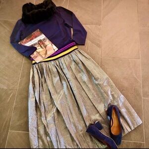 J. McLaughlin Size XS Metallic Gold Theda Pleated Midi Skirt New!